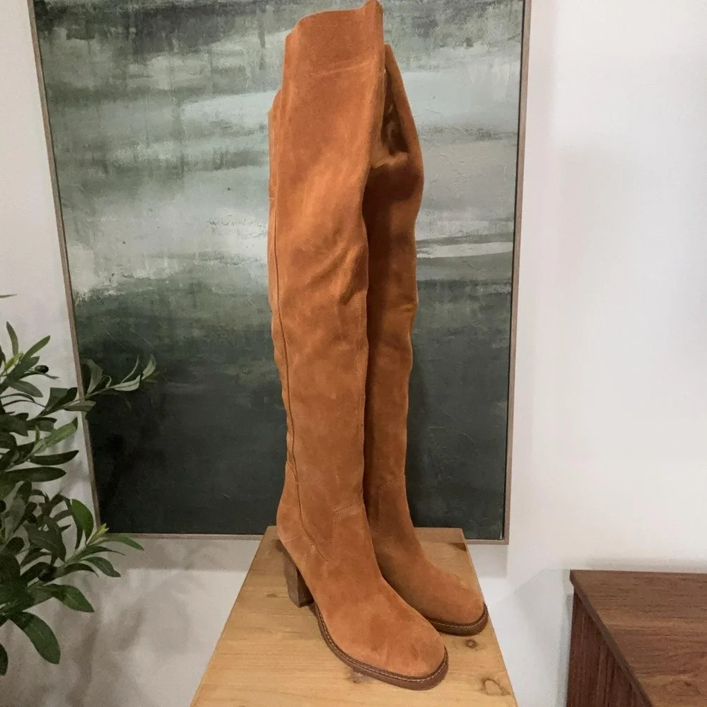 KDB Boots Womens Size 10 Brown Faux Suede Over The Knee Riding Block Heel Zip